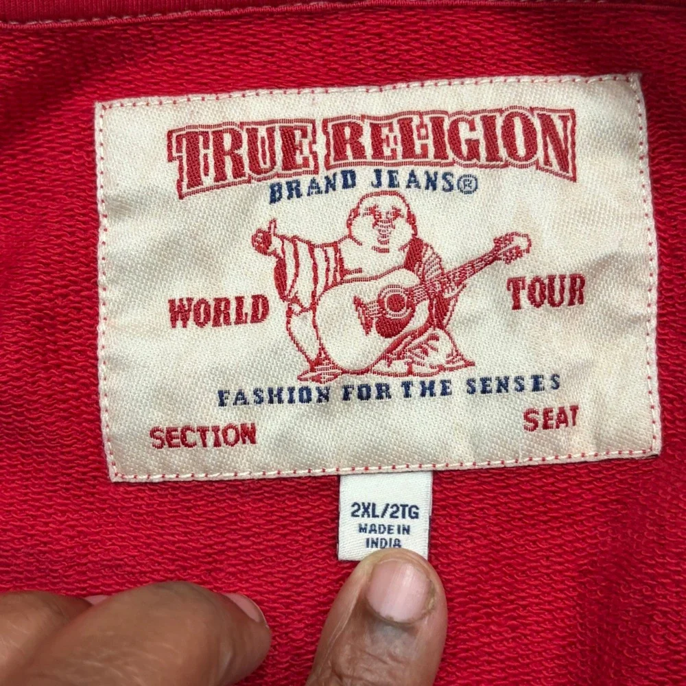 True Religion Mens Red World Tour Buddha Logo Zip Up Hoodie Sweatshirt 2XL